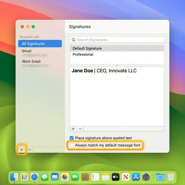 Apple Mail app on macOS showing Settings window open with Signatures tab selected