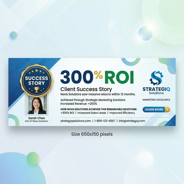 Email signature banner highlighting client success story with before and after metrics, clean design