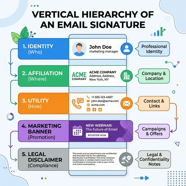 Email signature layout showing banner placement below contact info and above disclaimer, labeled diagram