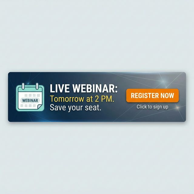 Email signature banner promoting webinar with date, time and ‘Register Now’ CTA button, clean UI