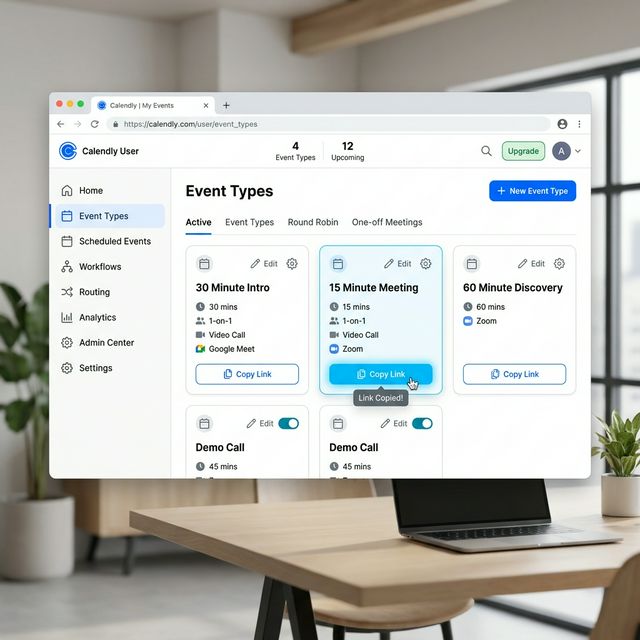 Calendly dashboard interface showing various event types like '15 Minute Meeting' and '30 Minute Intro' with a clear 'Copy Link' button highlighted