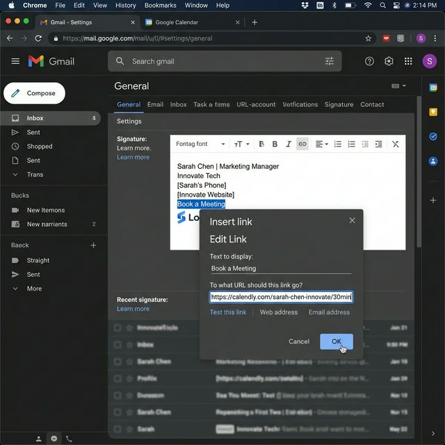 Gmail signature editor showing highlighted text ‘Book a Meeting’ with link insertion popup open, realistic UI