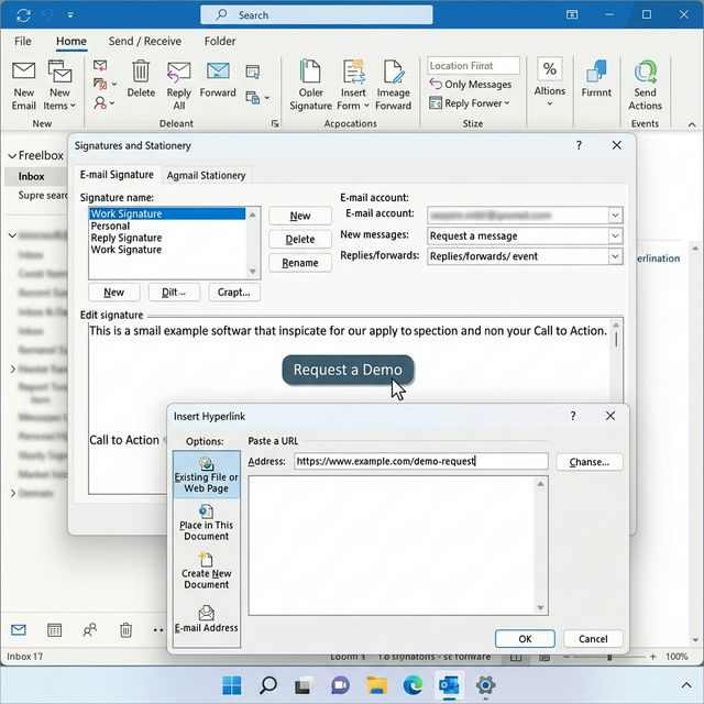 Outlook signature editor showing hyperlink applied to CTA text, desktop UI
