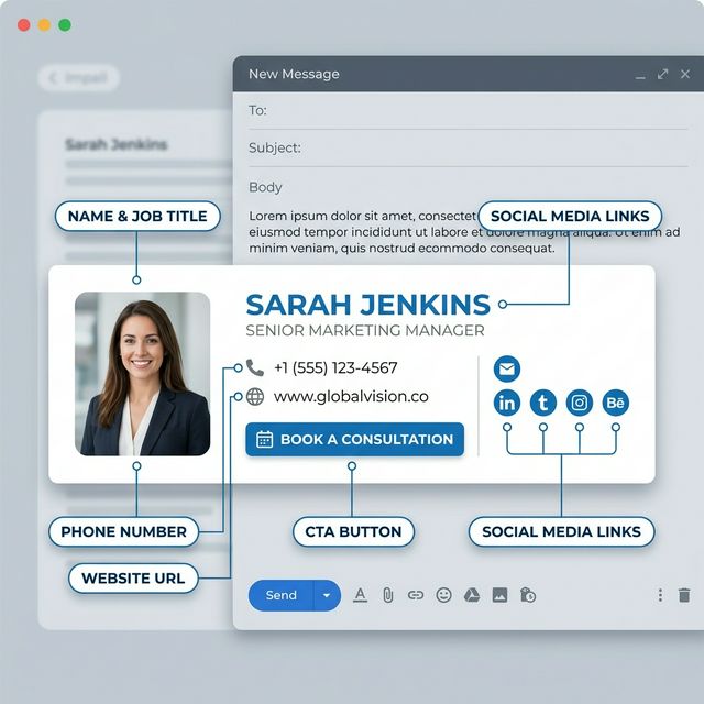Architectural diagram of an email signature showing the vertical stack with booking link highlighted
