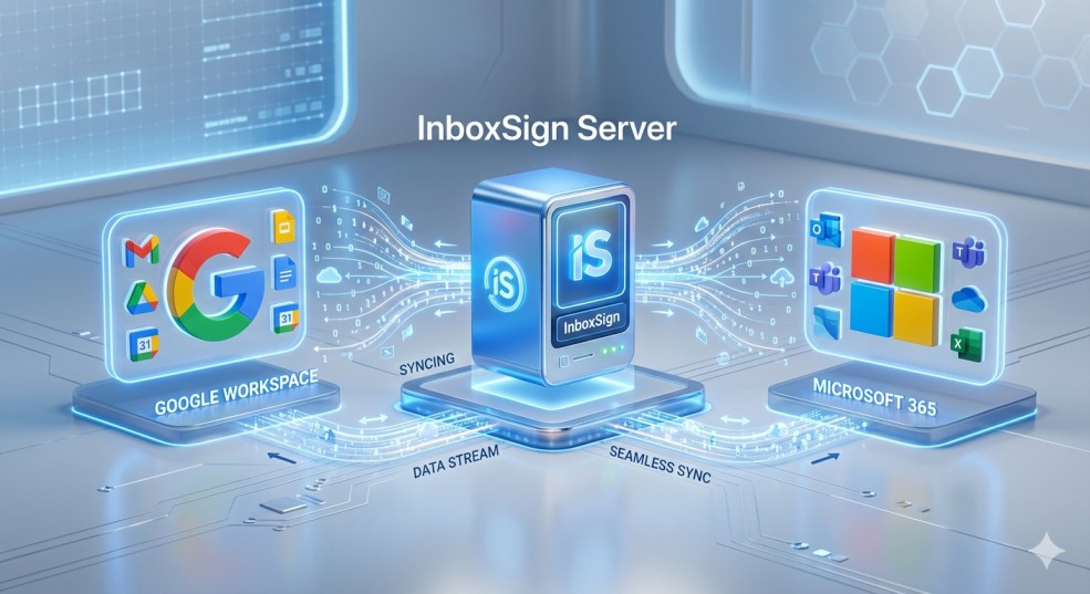 A diagram showing the InboxSign sync system connecting with Google Workspace and Microsoft 365