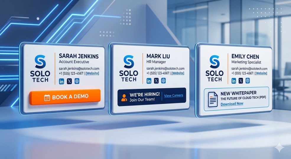 Examples of departmental email signature variations for Sales, HR, and Marketing