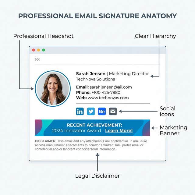 Professional email signature showing disclaimer section in smaller grey text at bottom