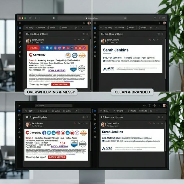 Side-by-side comparison of cluttered email signature vs clean professional signature