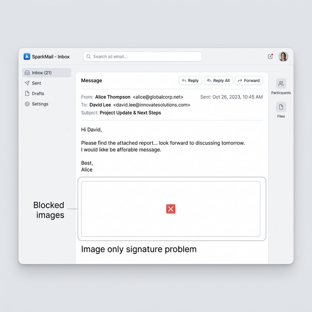 A broken Gmail signature being clipped or showing broken images