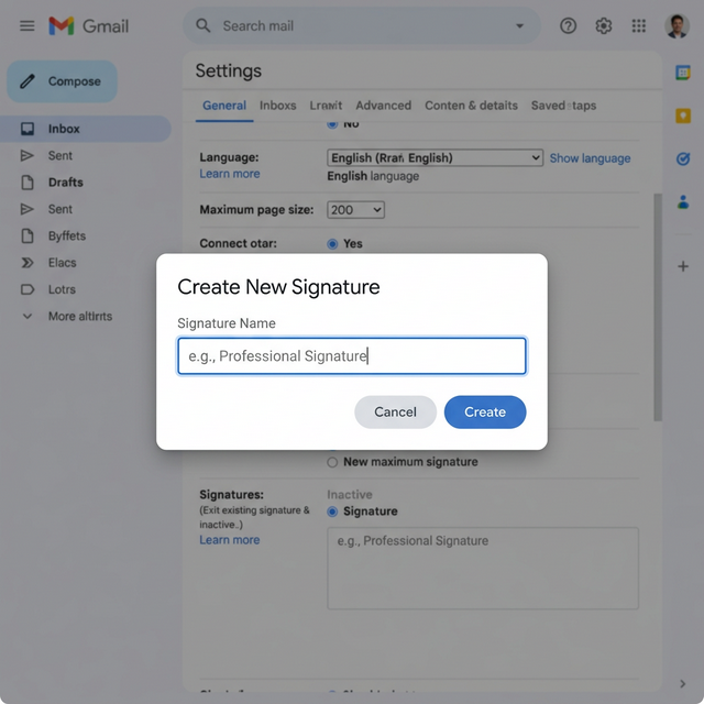 The 'Create new signature' popup window in Gmail