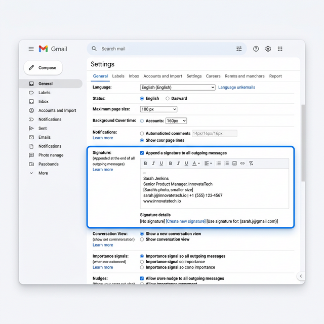 Overview of the Gmail signature section in the General settings tab