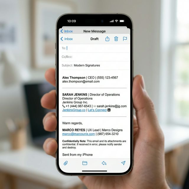 Three mobile email signatures shown on smartphone screen: minimalist, professional with links, and soft disclosure style