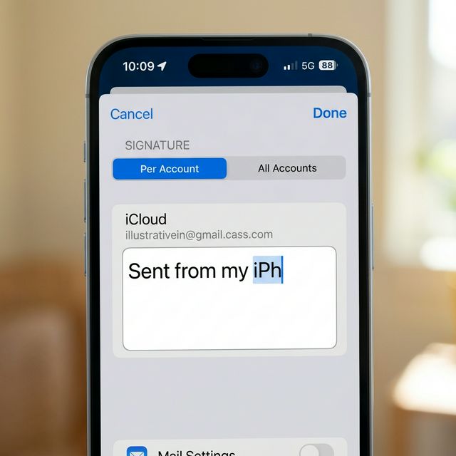 iPhone signature edit screen with text field being updated