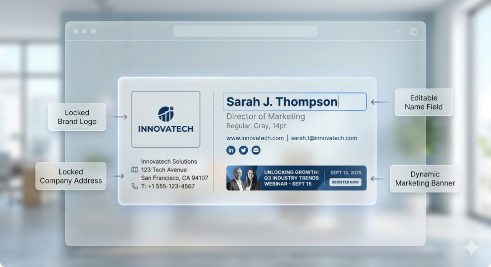 Anatomy of a corporate email signature master template showing locked and editable fields