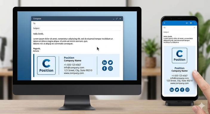 Email signature comparison showing responsive mobile scaling vs. horizontal scrolling