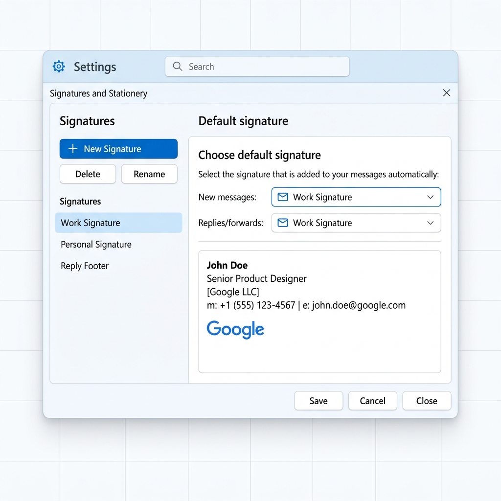 Assigning default signatures for new messages and replies/forwards in Outlook settings