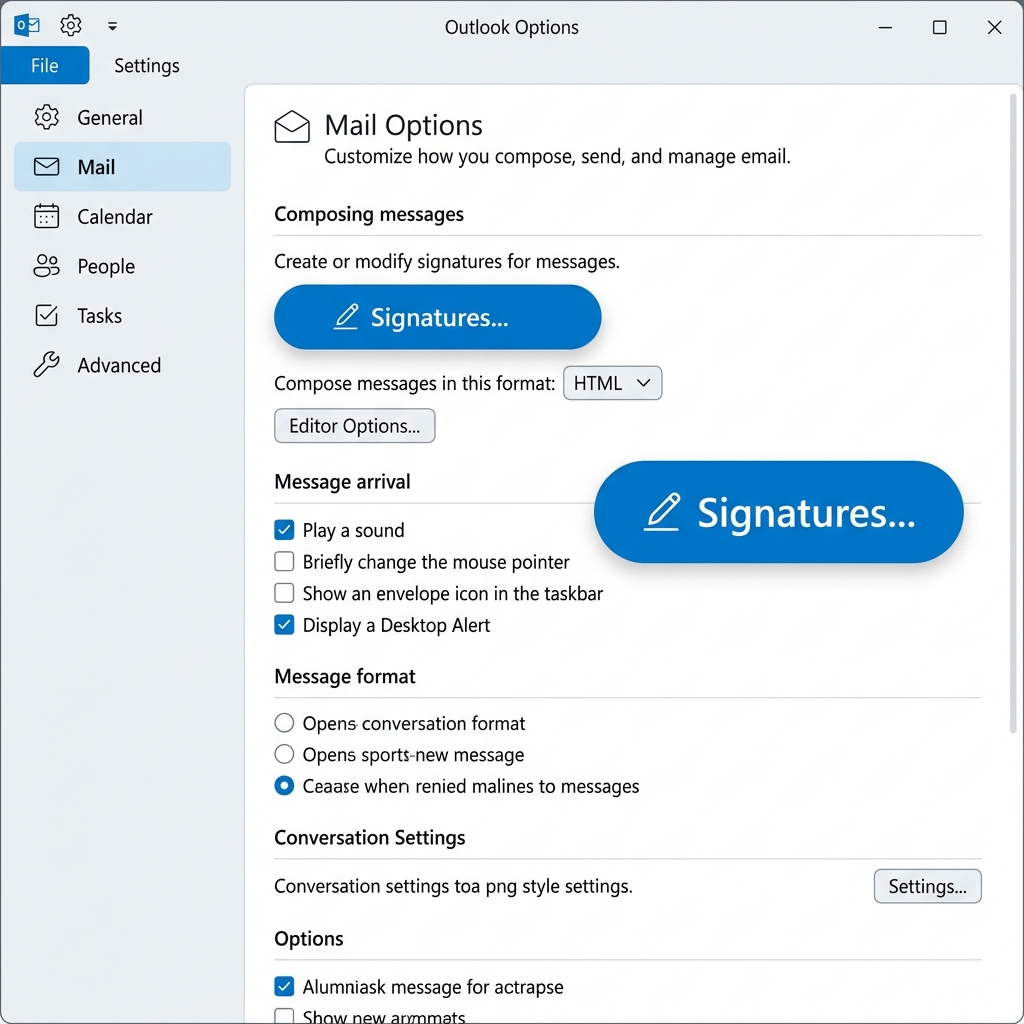 Accessing the signature panel in Outlook settings