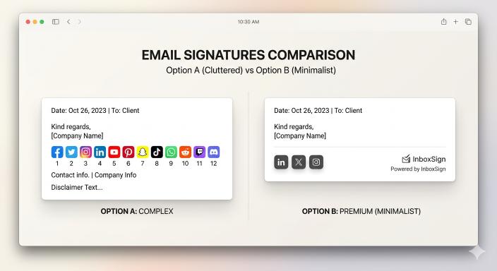 A comparison of cluttered social media icons vs. a clean professional layout