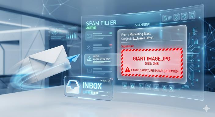 A 3D illustration showing how oversized image files can trigger spam filters